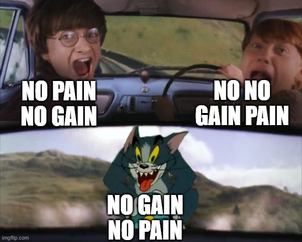 Tom chasing Harry and Ron Weasly | NO PAIN NO GAIN NO NO GAIN PAIN NO GAIN NO PAIN | image tagged in tom chasing harry and ron weasly | made w/ Imgflip meme maker