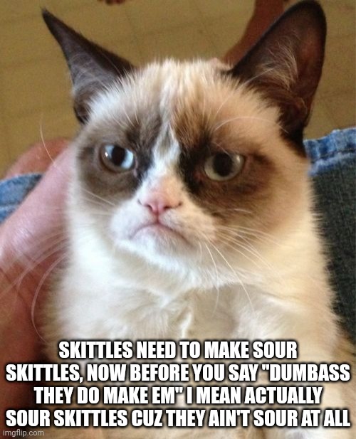 Grumpy Cat | SKITTLES NEED TO MAKE SOUR SKITTLES, NOW BEFORE YOU SAY "DUMBASS THEY DO MAKE EM" I MEAN ACTUALLY SOUR SKITTLES CUZ THEY AIN'T SOUR AT ALL | image tagged in memes,grumpy cat | made w/ Imgflip meme maker