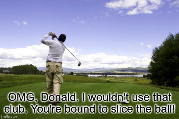 Golfer | OMG, Donald. I wouldn't use that club. You're bound to slice the ball! | image tagged in golfer | made w/ Imgflip meme maker