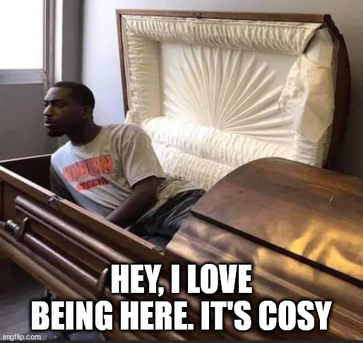 Coffin | HEY, I LOVE BEING HERE. IT'S COSY | image tagged in coffin | made w/ Imgflip meme maker