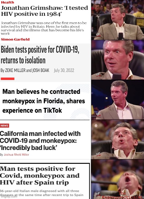 Degeneracy OVERLOAD!!! | image tagged in vince mcmahon reaction,hiv,monkeypox,covid-19,lgbtq | made w/ Imgflip meme maker