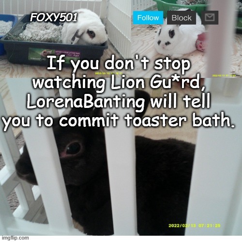 Foxy501 announcement template | If you don't stop watching Lion Gu*rd, LorenaBanting will tell you to commit toaster bath. | image tagged in foxy501 announcement template | made w/ Imgflip meme maker