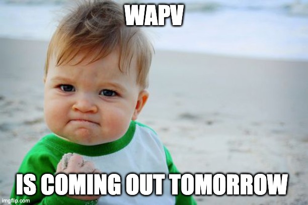 woo | WAPV; IS COMING OUT TOMORROW | image tagged in memes,success kid original | made w/ Imgflip meme maker
