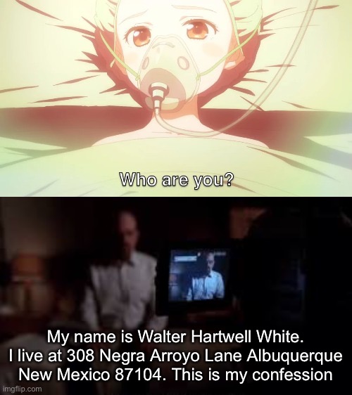 My name is Walter Hartwell White. I live at 308 Negra Arroyo Lane Albuquerque New Mexico 87104. This is my confession | made w/ Imgflip meme maker