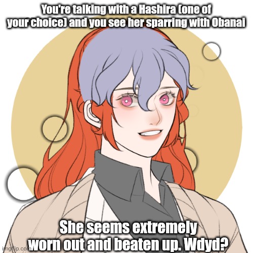Just finished Entertainment District Arc so now I'm in a phase. Anyways, have fun | You're talking with a Hashira (one of your choice) and you see her sparring with Obanai; She seems extremely worn out and beaten up. Wdyd? | made w/ Imgflip meme maker