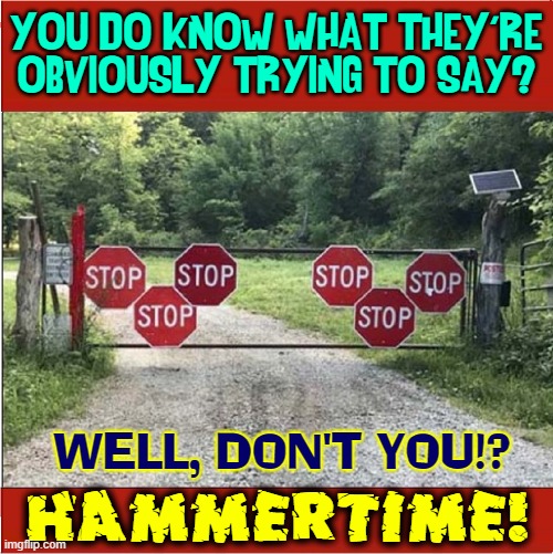 STOP!  Hammer Time! |  YOU DO KNOW WHAT THEY'RE
OBVIOUSLY TRYING TO SAY? WELL, DON'T YOU!? HAMMERTIME! | image tagged in vince vance,mc hammer,stop,hammer time,memes,stop sign | made w/ Imgflip meme maker