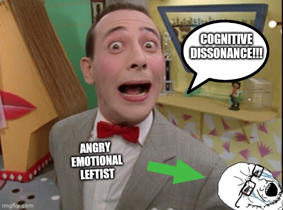 Peewee Herman secret word of the day | COGNITIVE DISSONANCE!!! ANGRY 
EMOTIONAL
LEFTIST | image tagged in peewee herman secret word of the day | made w/ Imgflip meme maker