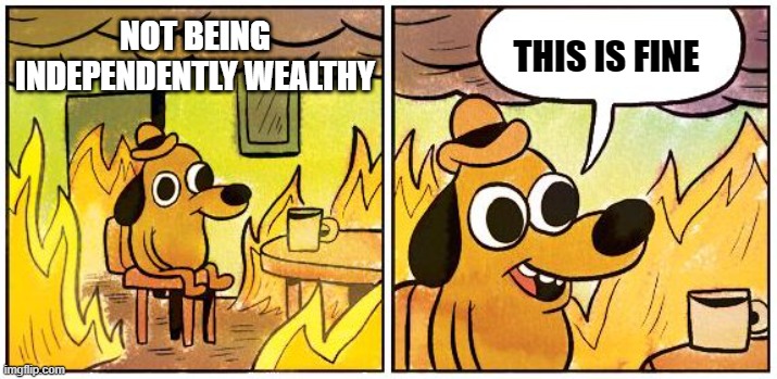 This is Fine (Blank) | THIS IS FINE; NOT BEING INDEPENDENTLY WEALTHY | image tagged in this is fine blank | made w/ Imgflip meme maker
