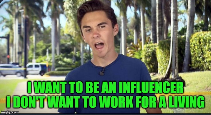 David Hogg | I WANT TO BE AN INFLUENCER I DON'T WANT TO WORK FOR A LIVING | image tagged in david hogg | made w/ Imgflip meme maker