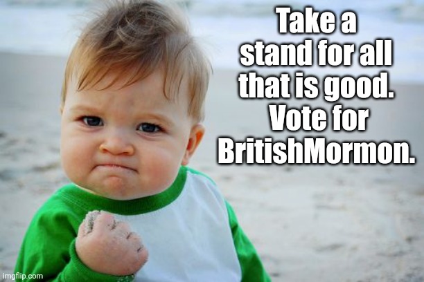 Choose the Right candidate.  Vote for BritishMormon | Take a stand for all that is good.  Vote for BritishMormon. | image tagged in memes,success kid original,vote for britishmormon | made w/ Imgflip meme maker