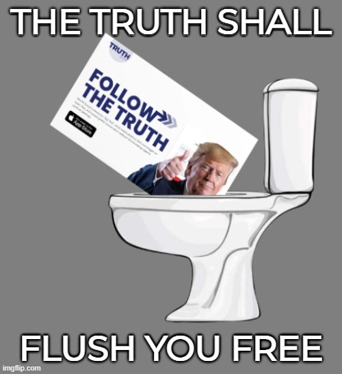 BUT IT MIGHT TAKE FEW FLUHES! LOL | THE TRUTH SHALL; FLUSH YOU FREE | image tagged in trump,toilet humor,toilets,flush,you,free | made w/ Imgflip meme maker