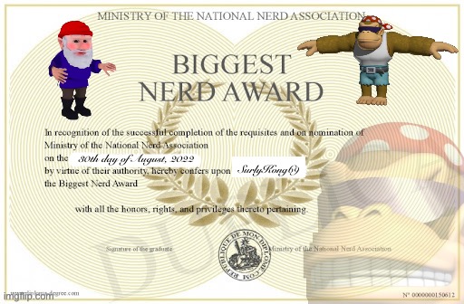 SurlyKong69 wins August’s N.E.R.D. of the Month for excellence in the following skills: Presidency, daily contests, war crimes | 30th day of August, 2022; SurlyKong69 | image tagged in biggest nerd award,surlykong69,presidency,daily contests,war crimes,nerd of the month | made w/ Imgflip meme maker