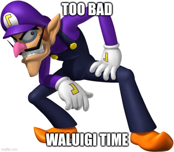 WALUIGI TIME | TOO BAD; WALUIGI TIME | image tagged in waluigi | made w/ Imgflip meme maker