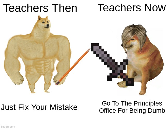 Random Meme | Teachers Then; Teachers Now; Just Fix Your Mistake; Go To The Principles Office For Being Dumb | image tagged in memes,buff doge vs cheems,lol so funny,doge | made w/ Imgflip meme maker