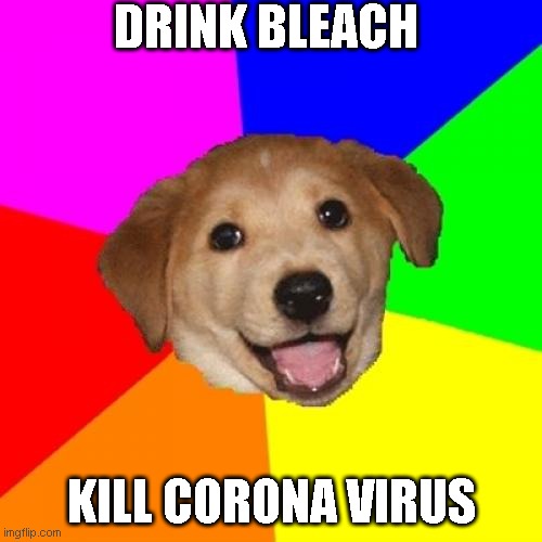 Advice Dog Meme | DRINK BLEACH; KILL CORONA VIRUS | image tagged in memes,advice dog | made w/ Imgflip meme maker
