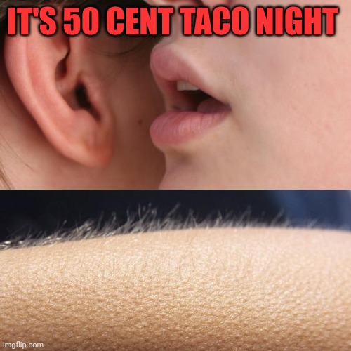 That gets my hairs standing up |  IT'S 50 CENT TACO NIGHT | image tagged in whisper and goosebumps,taco tuesday,tacos,cheap,yummy | made w/ Imgflip meme maker