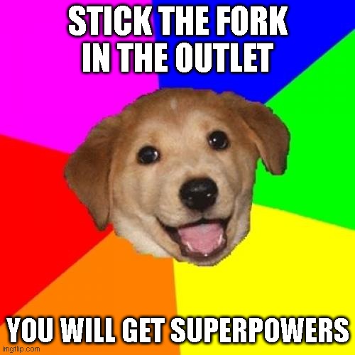 Advice Dog Meme | STICK THE FORK IN THE OUTLET; YOU WILL GET SUPERPOWERS | image tagged in memes,advice dog | made w/ Imgflip meme maker