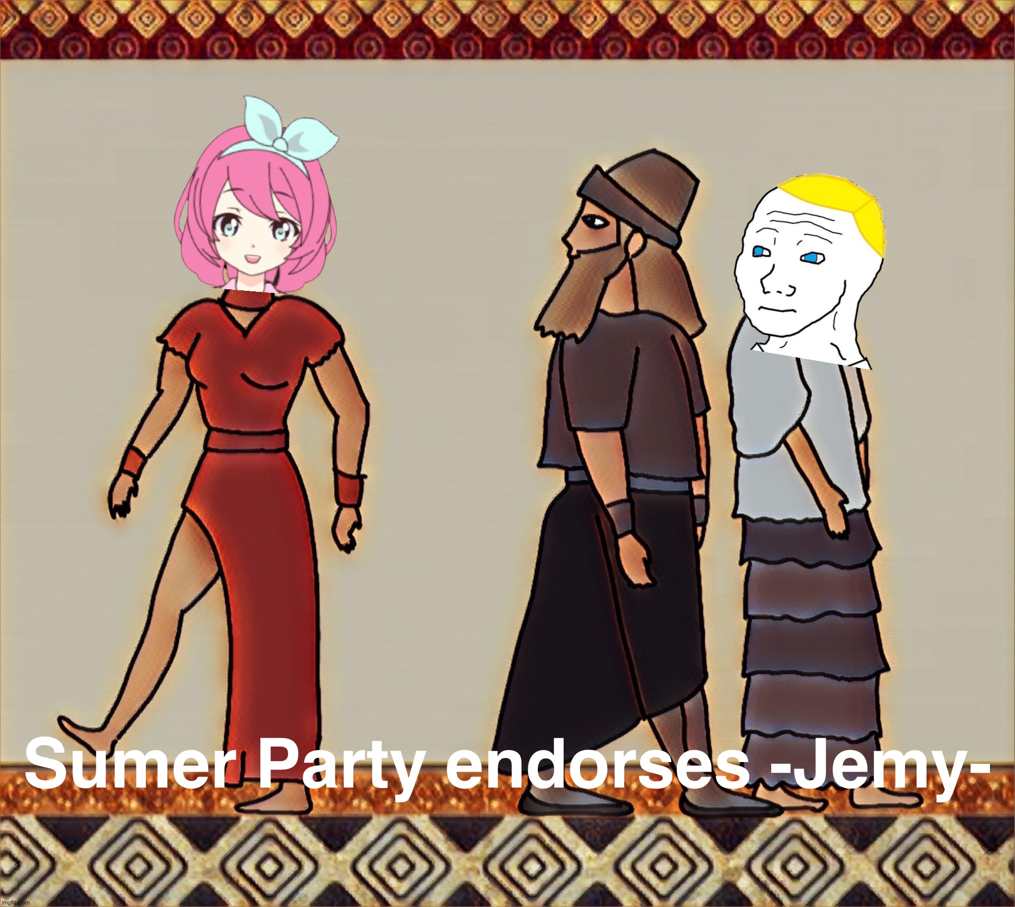 Due to BritishMormon’s unexpected whining, Sumer Party changes its endorsement to N.E.R.D. | Sumer Party endorses -Jemy- | image tagged in mesopotamian distracted boyfriend,vote,nerd,party,dont get salty,boi | made w/ Imgflip meme maker