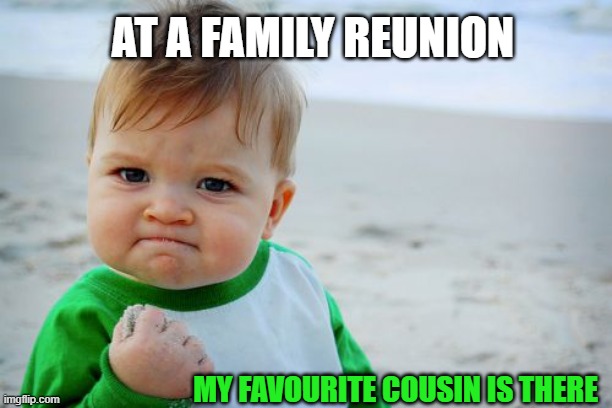 Favourite Cousine | AT A FAMILY REUNION; MY FAVOURITE COUSIN IS THERE | image tagged in memes,success kid original | made w/ Imgflip meme maker