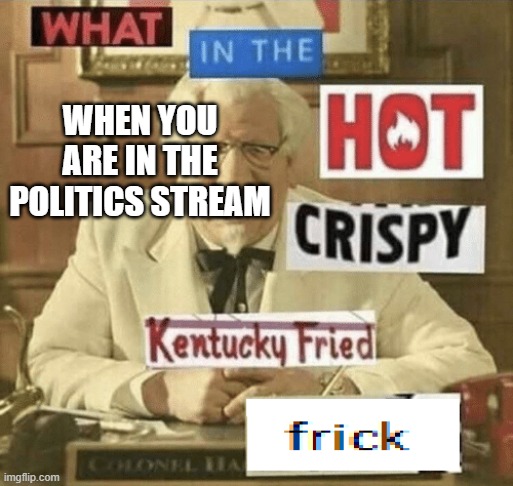 what in the hot crispy kentucky fried frick | WHEN YOU ARE IN THE POLITICS STREAM | image tagged in what in the hot crispy kentucky fried frick | made w/ Imgflip meme maker