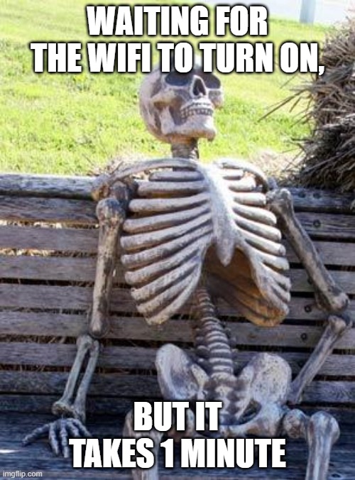 i have no patience for this | WAITING FOR THE WIFI TO TURN ON, BUT IT TAKES 1 MINUTE | image tagged in memes,waiting skeleton | made w/ Imgflip meme maker