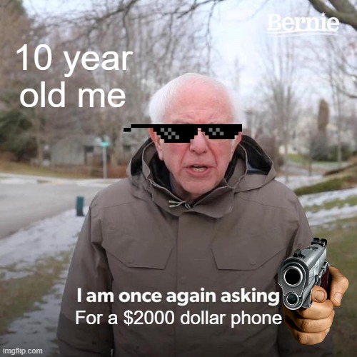 10 year old me | 10 year old me; For a $2000 dollar phone | image tagged in memes,bernie i am once again asking for your support | made w/ Imgflip meme maker