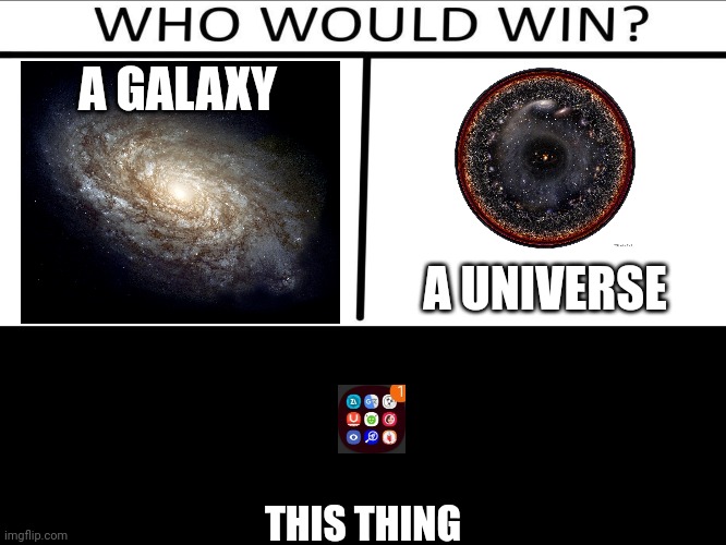 Storage | A GALAXY; A UNIVERSE; THIS THING | image tagged in who will win 3 person | made w/ Imgflip meme maker