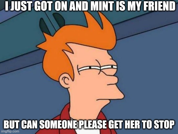Sorry MINT | I JUST GOT ON AND MINT IS MY FRIEND; BUT CAN SOMEONE PLEASE GET HER TO STOP | image tagged in memes,futurama fry | made w/ Imgflip meme maker