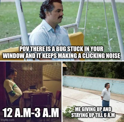 its 9:40 P.M shut the f**k up stupid bug | POV THERE IS A BUG STUCK IN YOUR WINDOW AND IT KEEPS MAKING A CLICKING NOISE; 12 A.M-3 A.M; ME GIVING UP AND STAYING UP TILL 6 A.M | image tagged in memes,sad pablo escobar | made w/ Imgflip meme maker