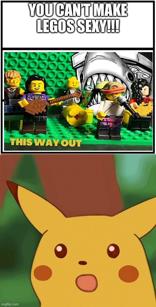 This Way Out Lego Band | YOU CAN’T MAKE LEGOS SEXY!!! | image tagged in blank comic panel 1x3 | made w/ Imgflip meme maker