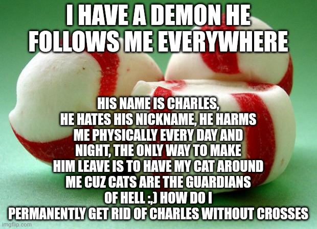 I am in physical pain | HIS NAME IS CHARLES, HE HATES HIS NICKNAME, HE HARMS ME PHYSICALLY EVERY DAY AND NIGHT, THE ONLY WAY TO MAKE HIM LEAVE IS TO HAVE MY CAT AROUND ME CUZ CATS ARE THE GUARDIANS OF HELL :,) HOW DO I PERMANENTLY GET RID OF CHARLES WITHOUT CROSSES; I HAVE A DEMON HE FOLLOWS ME EVERYWHERE | image tagged in mints | made w/ Imgflip meme maker