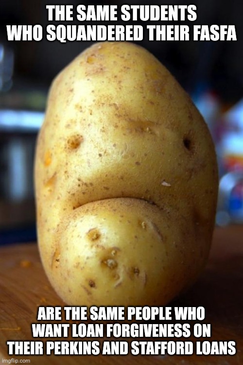 sad potato | THE SAME STUDENTS WHO SQUANDERED THEIR FASFA; ARE THE SAME PEOPLE WHO WANT LOAN FORGIVENESS ON THEIR PERKINS AND STAFFORD LOANS | image tagged in sad potato | made w/ Imgflip meme maker