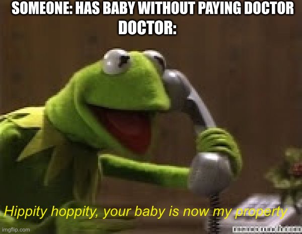 Hippity Hoppity your baby is now my property |  SOMEONE: HAS BABY WITHOUT PAYING DOCTOR; DOCTOR:; Hippity hoppity, your baby is now my property | image tagged in kermit the frog at phone,hippity hoppity,doctor,baby | made w/ Imgflip meme maker