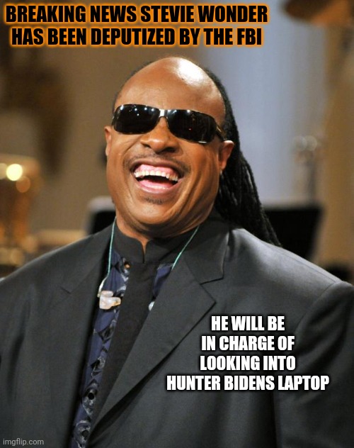 because hellen keller was unavailable | BREAKING NEWS STEVIE WONDER HAS BEEN DEPUTIZED BY THE FBI; HE WILL BE IN CHARGE OF LOOKING INTO HUNTER BIDENS LAPTOP | image tagged in stevie wonder | made w/ Imgflip meme maker