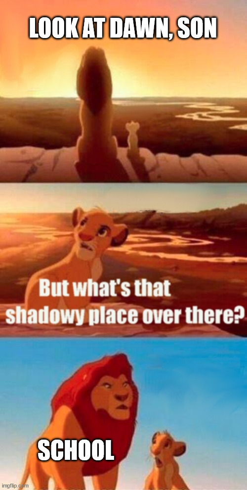 Simba Shadowy Place Meme | LOOK AT DAWN, SON; SCHOOL | image tagged in memes,simba shadowy place,school,dawn | made w/ Imgflip meme maker
