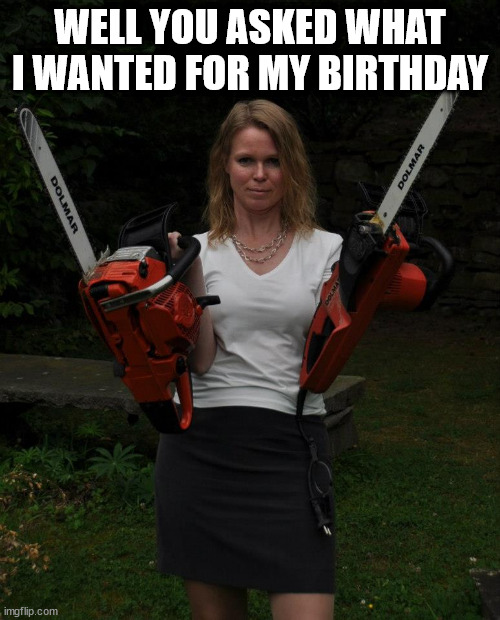 Well you asked what I wanted for my birthday | WELL YOU ASKED WHAT I WANTED FOR MY BIRTHDAY | image tagged in chainsaw chick | made w/ Imgflip meme maker