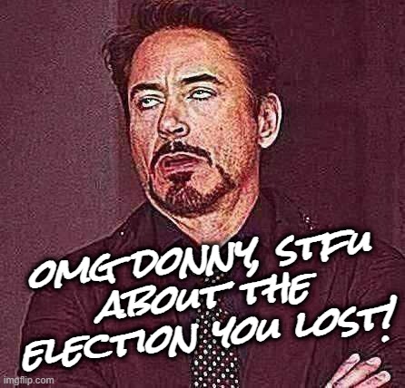 OMG STFU!! | omg donny, stfu
about the
election you lost! | image tagged in omg,stfu,donald trump here's donny,ok boomer,you should kill yourself now,iron man eye roll | made w/ Imgflip meme maker