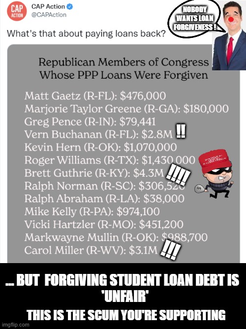 Republican congress crooks get millions forgiven from PPP | NOBODY WANTS LOAN FORGIVENESS ! !! !!!! !!! ... BUT  FORGIVING STUDENT LOAN DEBT IS 
 'UNFAIR'; THIS IS THE SCUM YOU'RE SUPPORTING | image tagged in crooks,scum,thieves,republicans | made w/ Imgflip meme maker