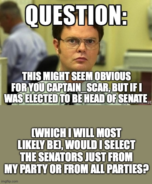 A question for Captain_Scar | THIS MIGHT SEEM OBVIOUS FOR YOU CAPTAIN_SCAR, BUT IF I WAS ELECTED TO BE HEAD OF SENATE; (WHICH I WILL MOST LIKELY BE), WOULD I SELECT THE SENATORS JUST FROM MY PARTY OR FROM ALL PARTIES? | image tagged in dwight question | made w/ Imgflip meme maker