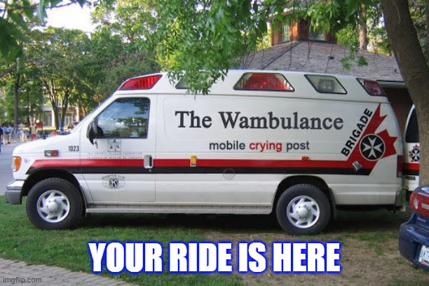 Wambulance |  YOUR RIDE IS HERE | image tagged in wambulance,ride,emergency,whiners | made w/ Imgflip meme maker