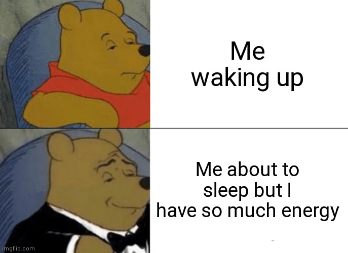 Tuxedo Winnie The Pooh | Me waking up; Me about to sleep but I have so much energy | image tagged in memes,tuxedo winnie the pooh | made w/ Imgflip meme maker