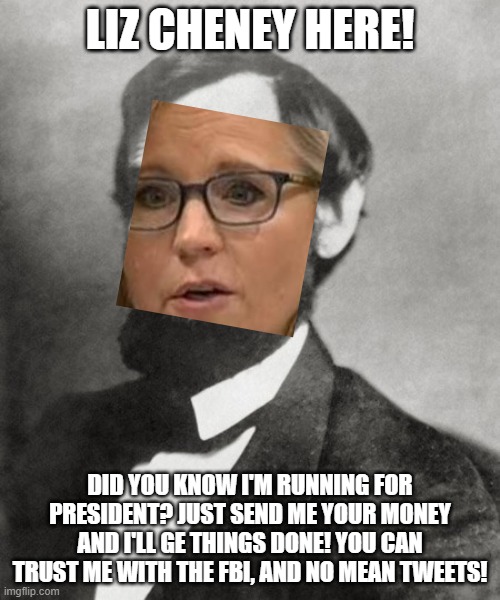 Abraham Lincoln | LIZ CHENEY HERE! DID YOU KNOW I'M RUNNING FOR PRESIDENT? JUST SEND ME YOUR MONEY AND I'LL GE THINGS DONE! YOU CAN TRUST ME WITH THE FBI, AND NO MEAN TWEETS! | image tagged in abraham lincoln | made w/ Imgflip meme maker