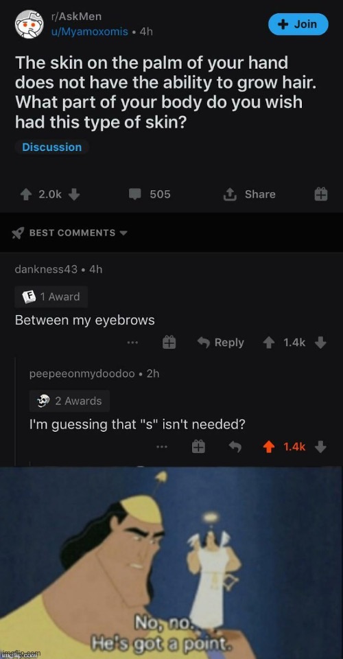 Eyebrow, non-plural | image tagged in no no hes got a point | made w/ Imgflip meme maker