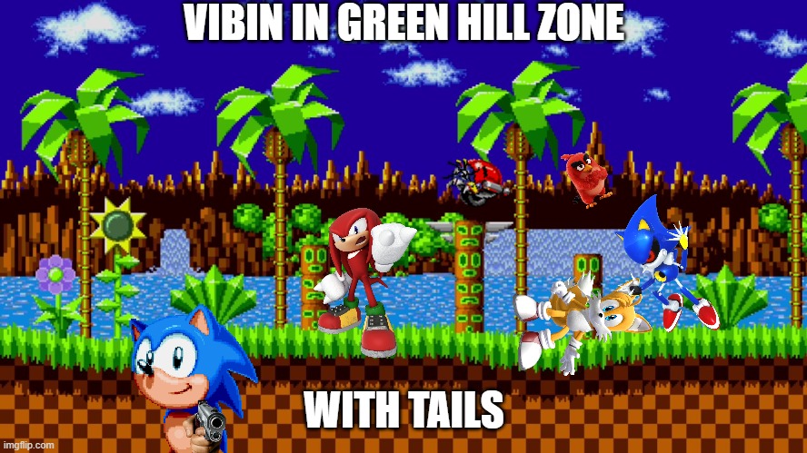 Sonic and the boys vibin in green hill zone | VIBIN IN GREEN HILL ZONE; WITH TAILS | image tagged in green hill zone | made w/ Imgflip meme maker