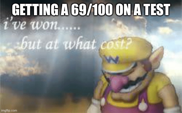I've won but at what cost? | GETTING A 69/100 ON A TEST | image tagged in i've won but at what cost | made w/ Imgflip meme maker