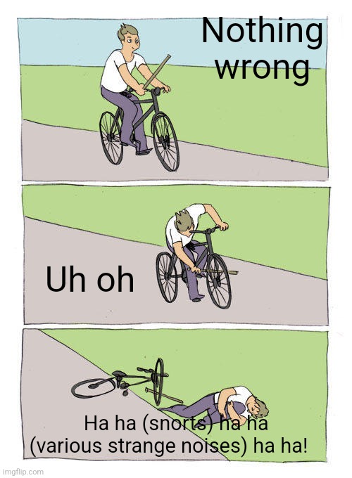 Bike Fall | Nothing wrong; Uh oh; Ha ha (snorts) ha ha (various strange noises) ha ha! | image tagged in memes,bike fall | made w/ Imgflip meme maker