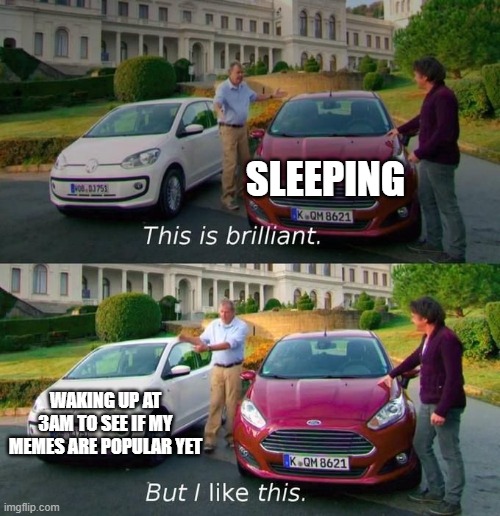 Me ? lol | SLEEPING; WAKING UP AT 3AM TO SEE IF MY MEMES ARE POPULAR YET | image tagged in this is brilliant but i like this | made w/ Imgflip meme maker