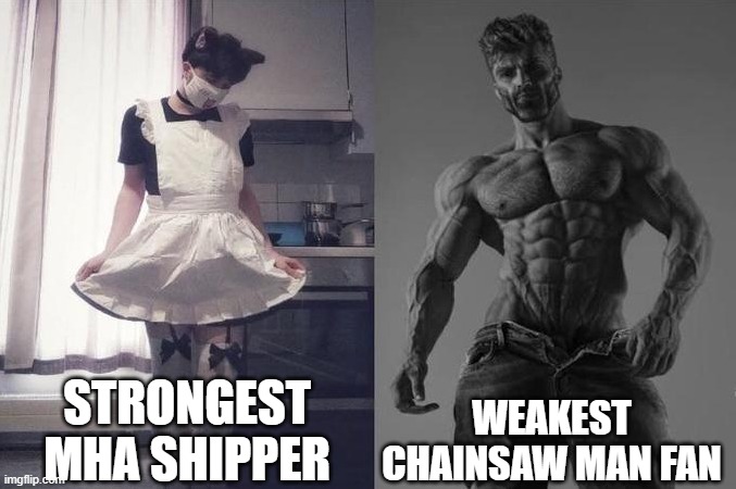 Strongest Fan VS Weakest Fan | STRONGEST MHA SHIPPER; WEAKEST CHAINSAW MAN FAN | image tagged in strongest fan vs weakest fan | made w/ Imgflip meme maker