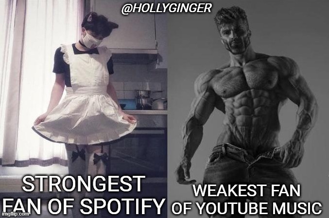 which one you are? | @HOLLYGINGER; STRONGEST FAN OF SPOTIFY; WEAKEST FAN OF YOUTUBE MUSIC | image tagged in strongest fan vs weakest fan,funny memes,fun | made w/ Imgflip meme maker