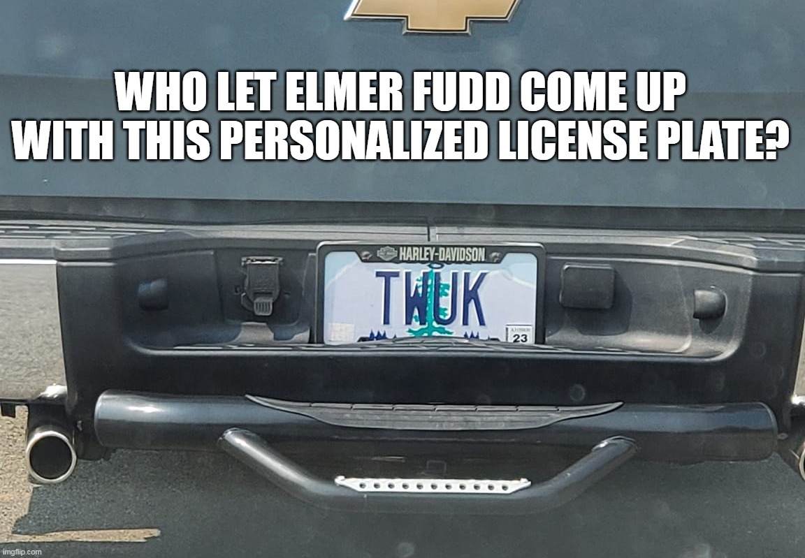 WHO LET ELMER FUDD COME UP WITH THIS PERSONALIZED LICENSE PLATE? | image tagged in meme,memes,humor,license plate | made w/ Imgflip meme maker